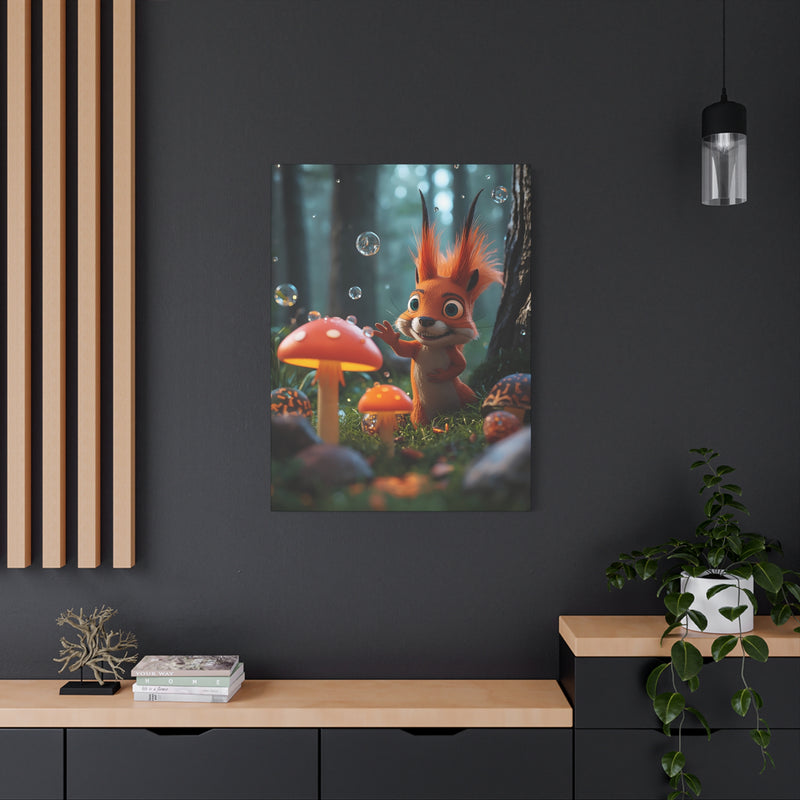 Cute Squirrel & Mushroom Canvas Print — Whimsical Forest Nursery Wall Art