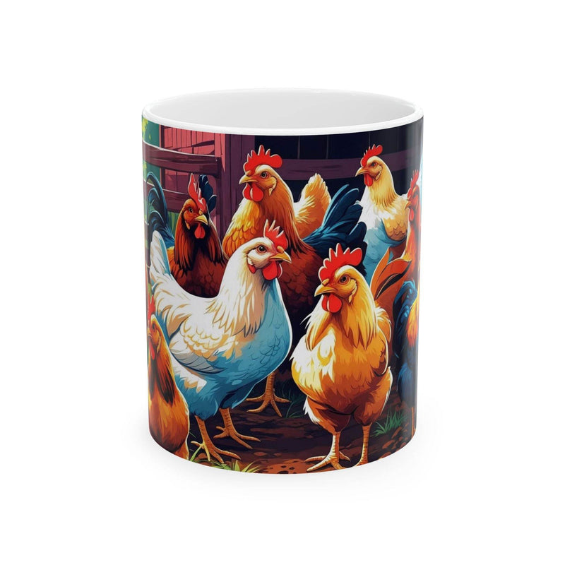 Charming 11oz ceramic mug with a whimsical chicken design, a perfect unique kitchen decor piece for animal enthusiasts.