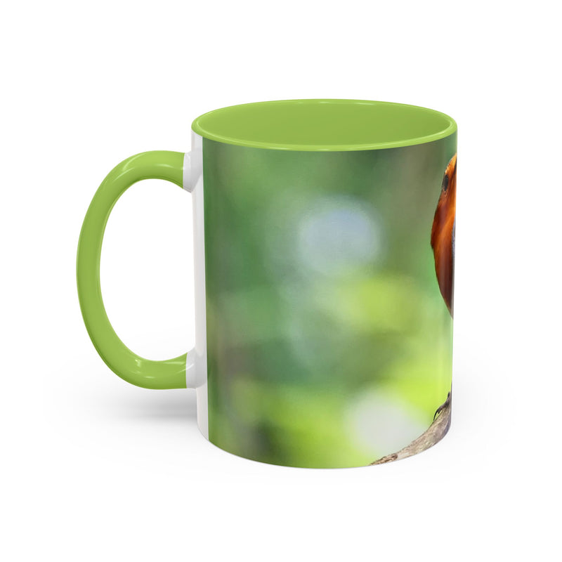 Stately Robin Ceramic Mug 325ml with Light Green handle and interior — side view of robin portrait mug.