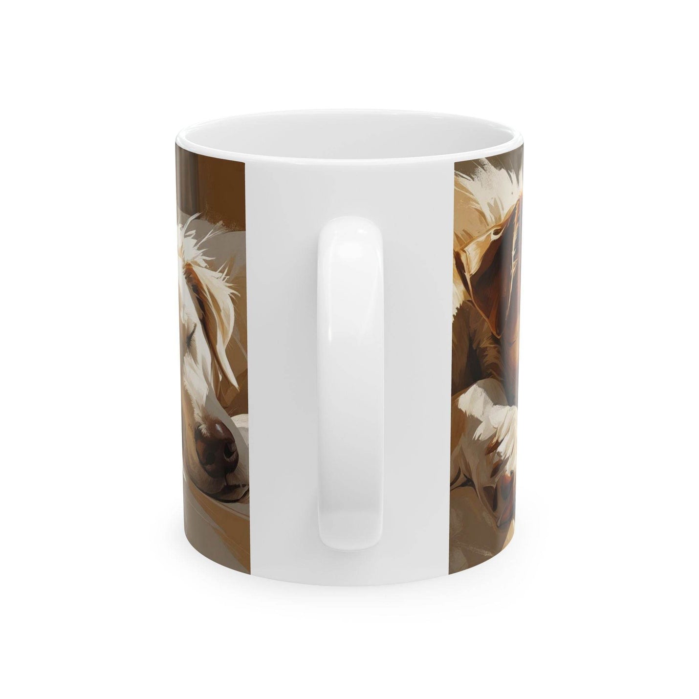 Cozy 11oz dog-themed coffee cup with a smooth glossy finish, showcasing felines in calm poses for relaxation during breaks.