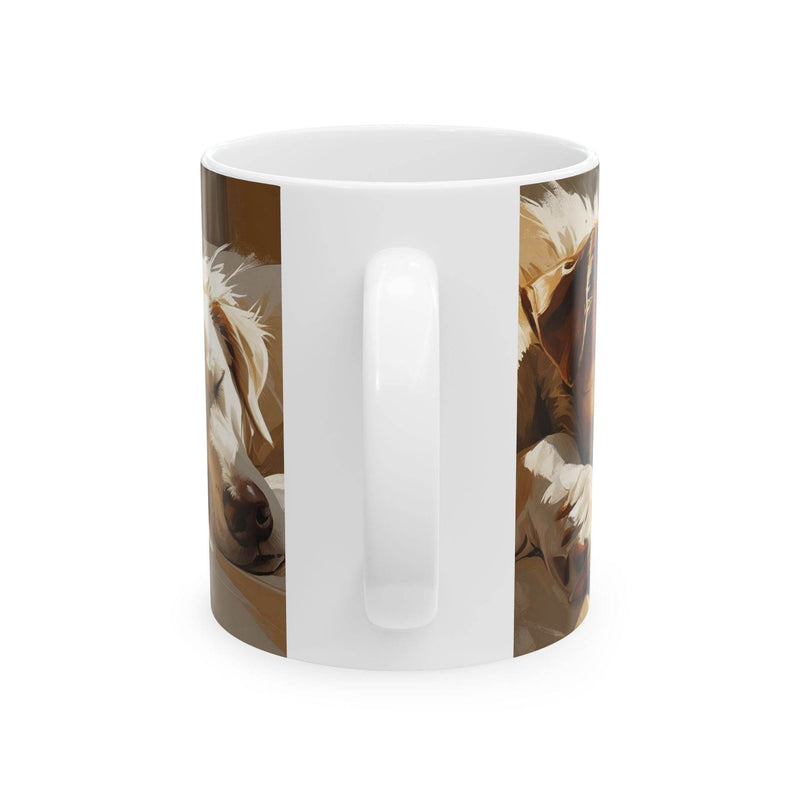 Cozy 11oz dog-themed coffee cup with a smooth glossy finish, showcasing felines in calm poses for relaxation during breaks.