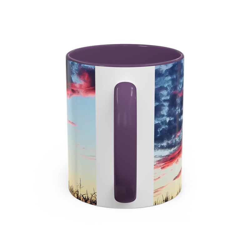 Premium 325ml Kaffeebecher mit Sonnenuntergang zur Entspannung, mit elegantem lila Henkel und lila Innenseite.