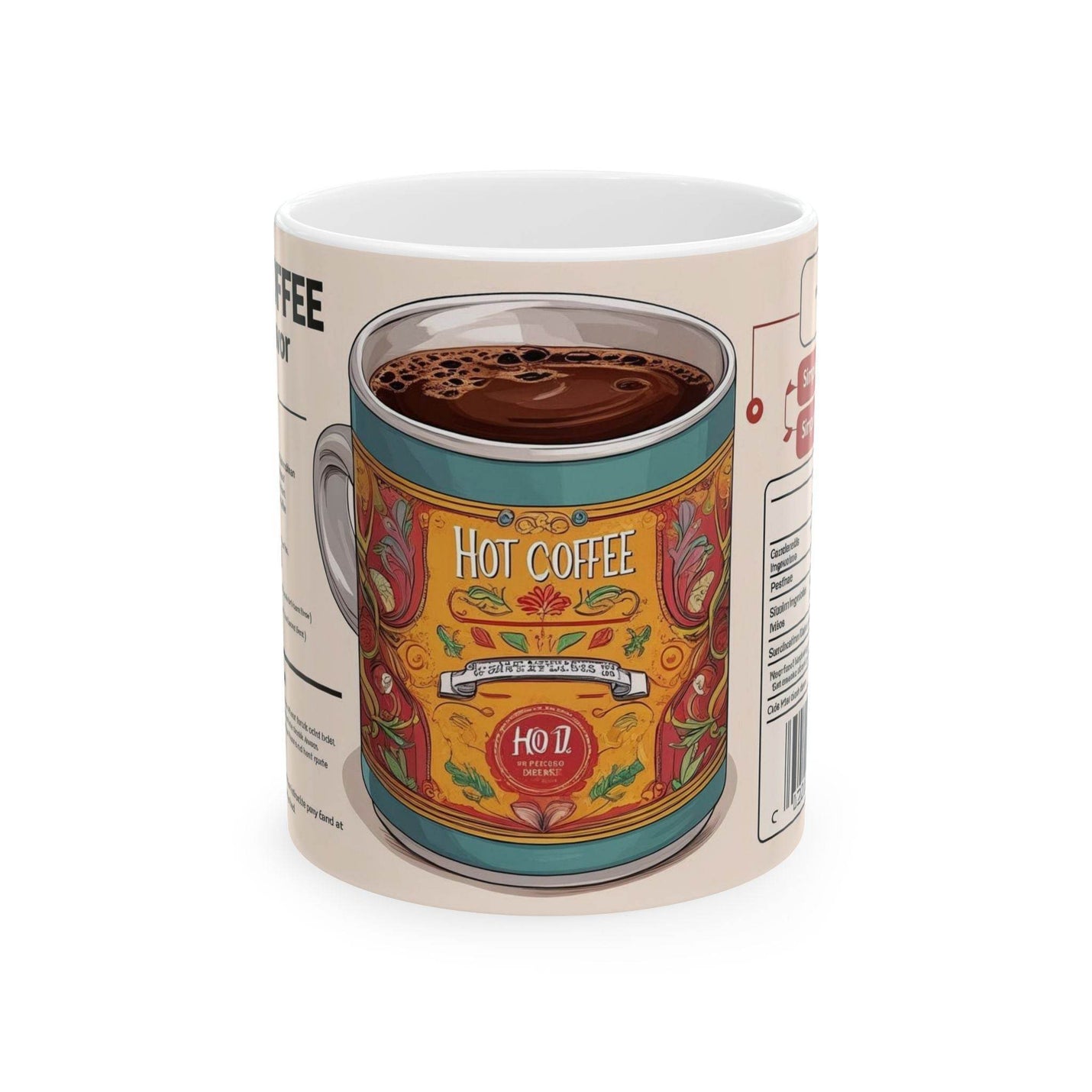 Minimalist 11oz earthy coffee mug with Hot Coffee Special Flavour artwork next to a green botanical houseplant.