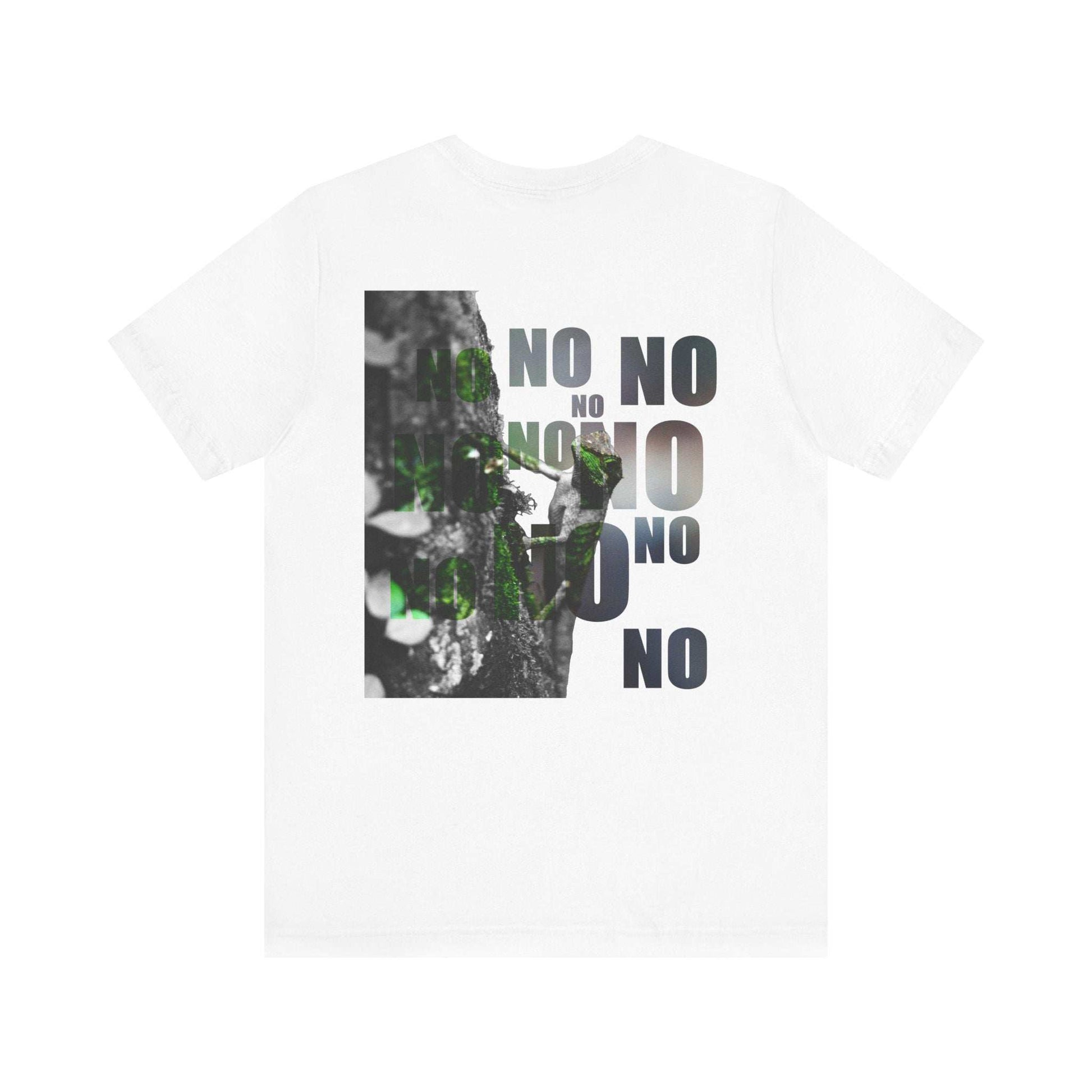 Unisex Tee with nature print and "Yes and No" graphic on back, breathable cotton, versatile for all styles.