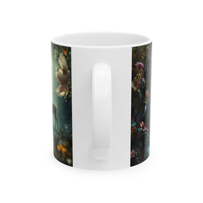 Mythic Garden Ceramic Mug — Ancient Ruins, Dear & Butterfly Floral Coffee Cup (11oz/15oz)