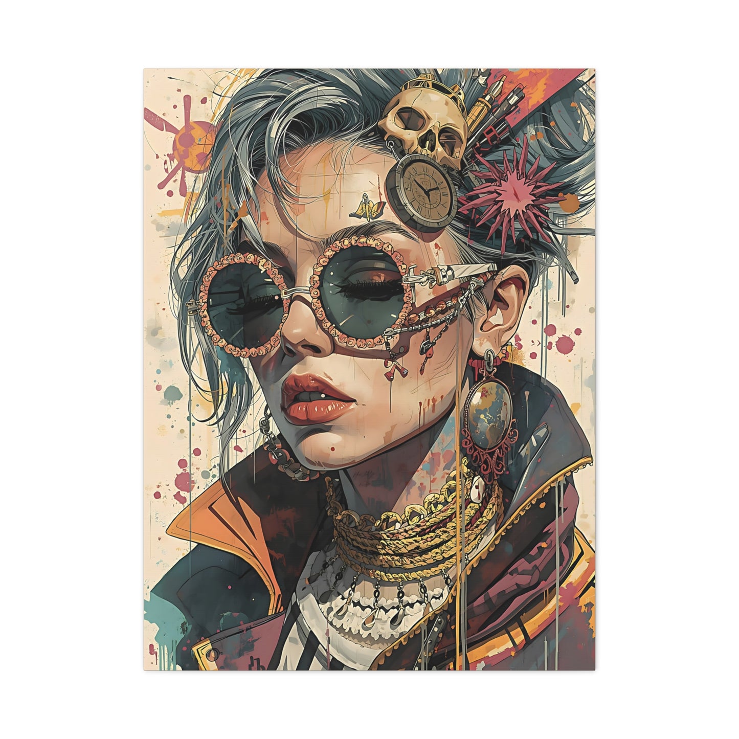 Steampunk Portrait Matte Canvas Art – Edgy Sunglassed Woman Wall Decor