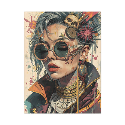 Steampunk Portrait Matte Canvas Art – Edgy Sunglassed Woman Wall Decor