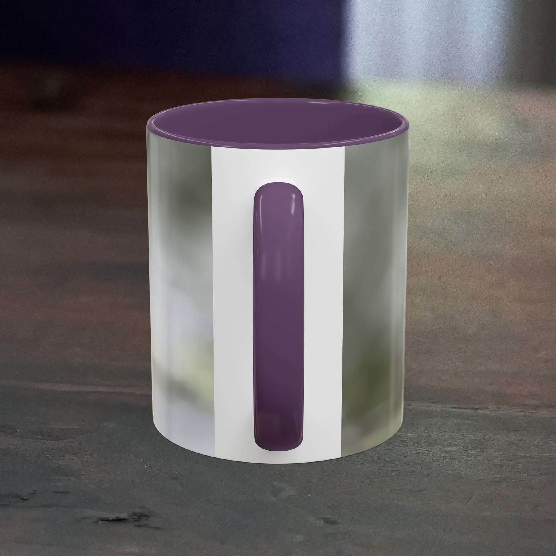 White ceramic mug with purple interior and handle, featuring a dragonfly design.
