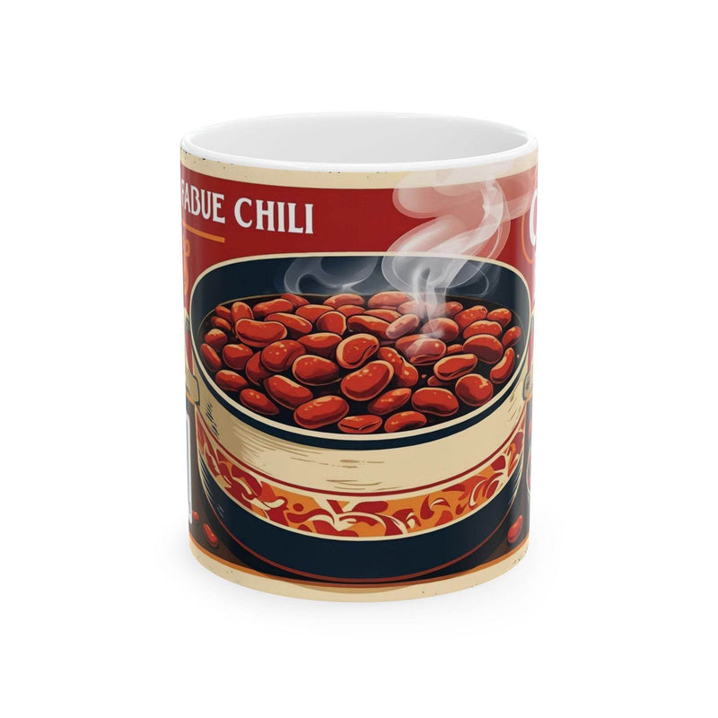 Quirky 11oz Mug - Steamy Can of Chili Beans Ceramic Coffee Mug standing beautifully next to fresh green indoor plants.