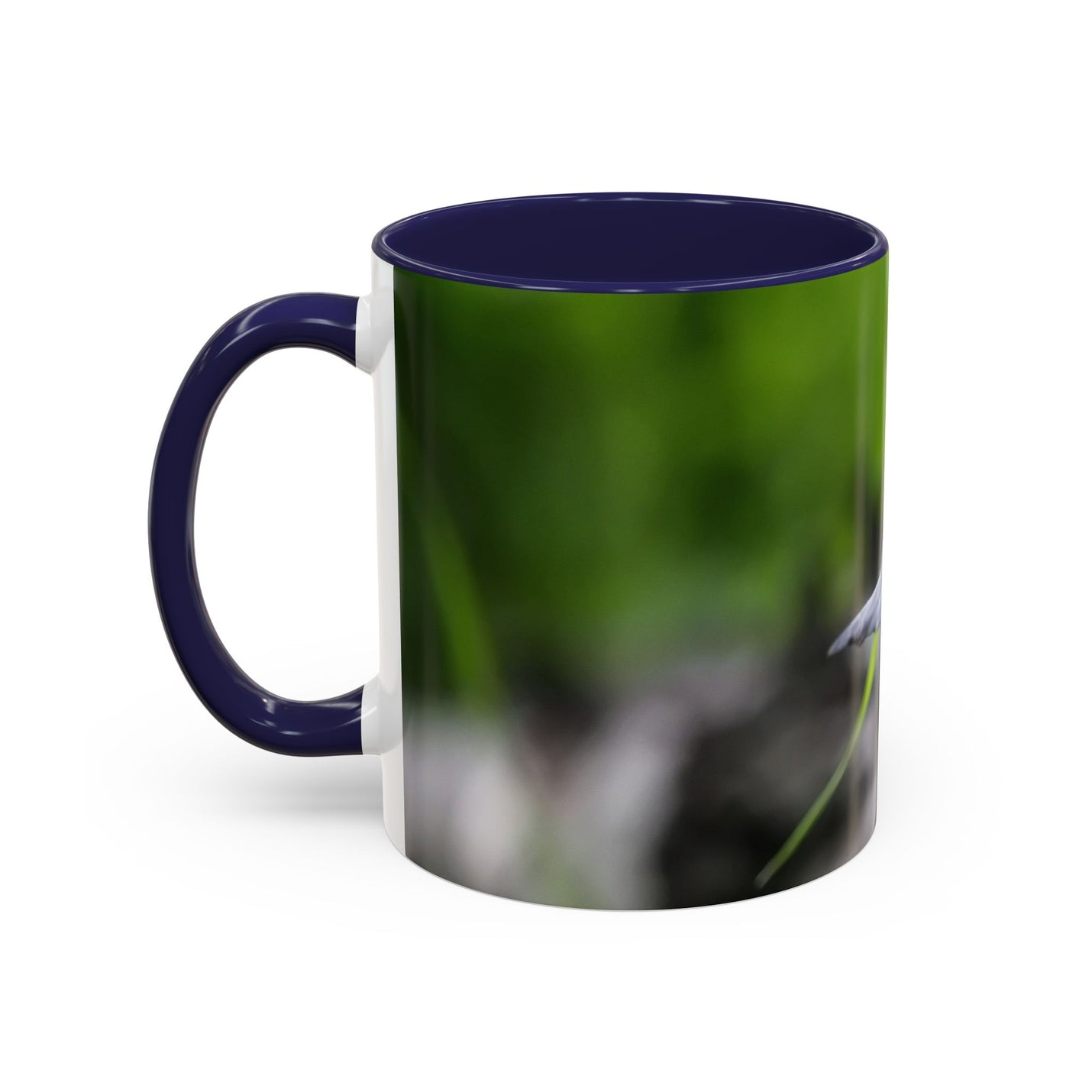 325ml nature-inspired bird photography coffee mug with a navy handle and navy inside.
