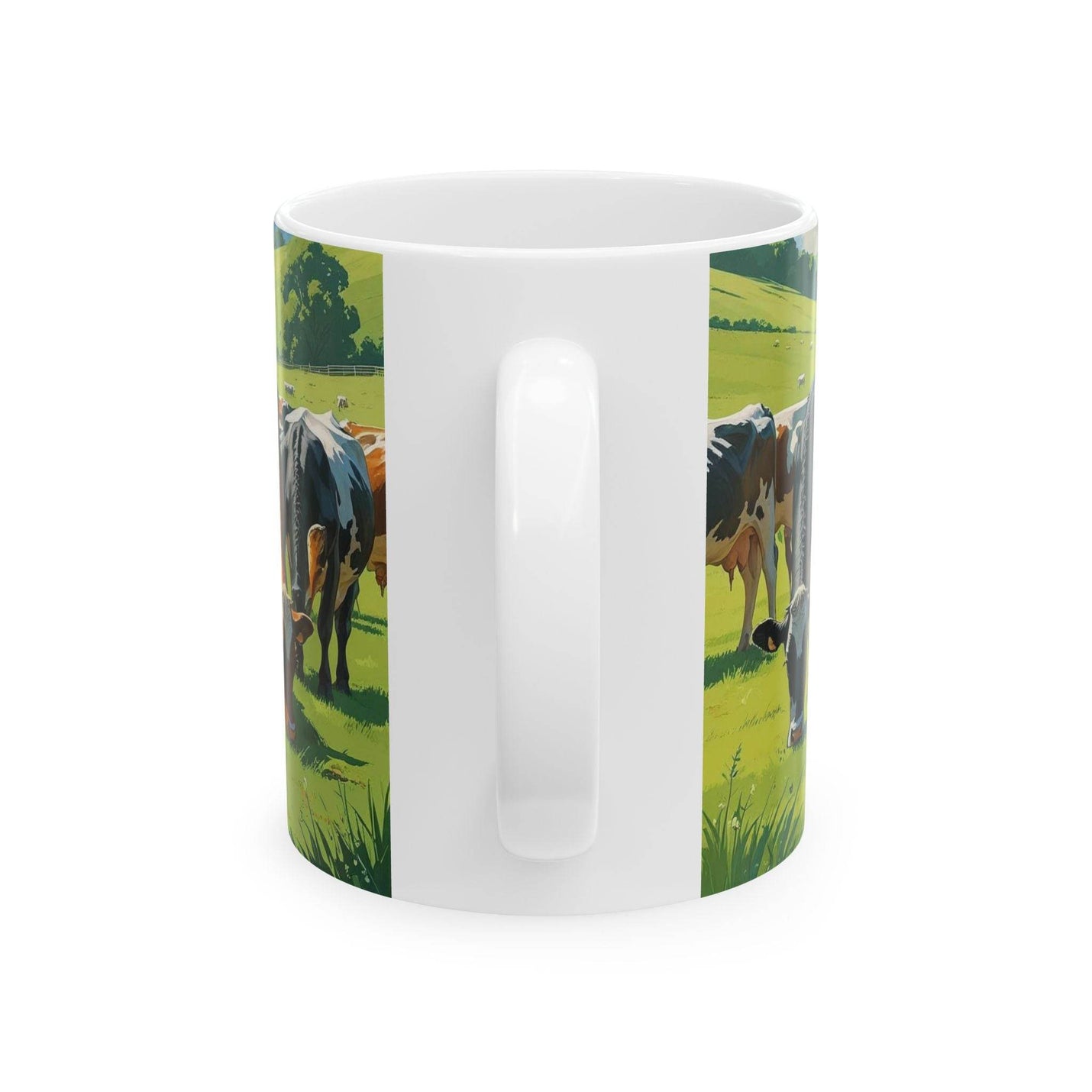 Cozy lifestyle view of a 11oz Mug - Grazing Cows on Mountain Pasture Ceramic Coffee Mug near a sunlit room window.