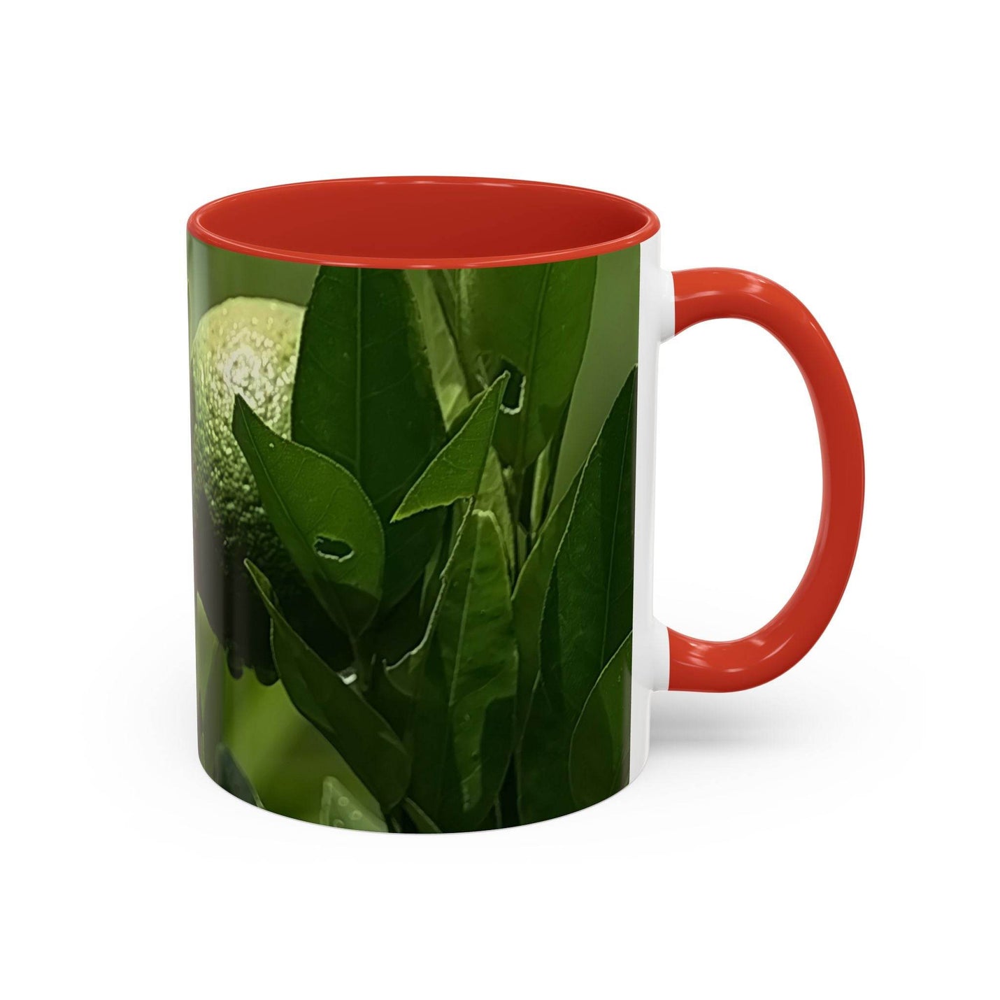 Farbenfroher Kaffebecher mit Früchten in der Größe 325ml, ausgestattet mit einem roten Henkel und roter Innenseite.
