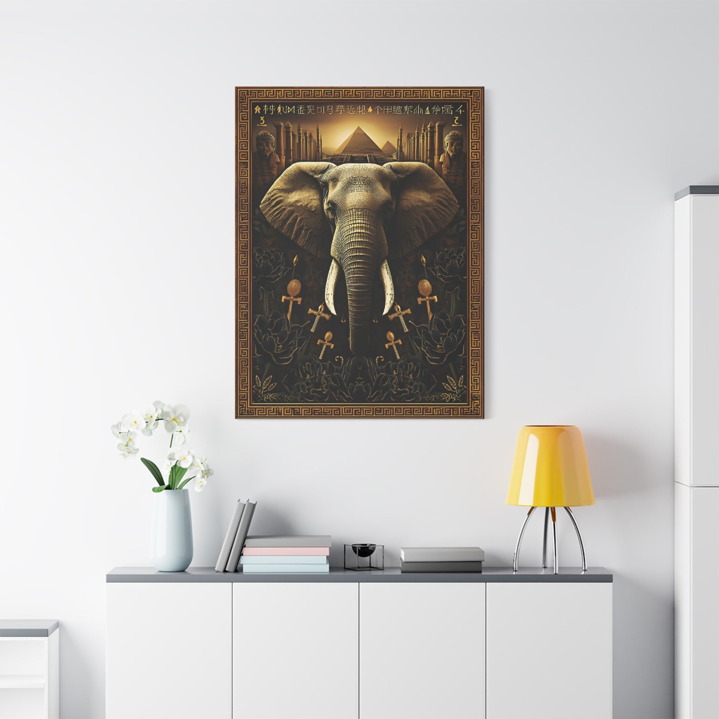 Premium 36″ x 48″ | 91.44 cm x 121.92 cm mythic elephant canvas print with a 1.25″ | 3.18 cm thick gallery profile.