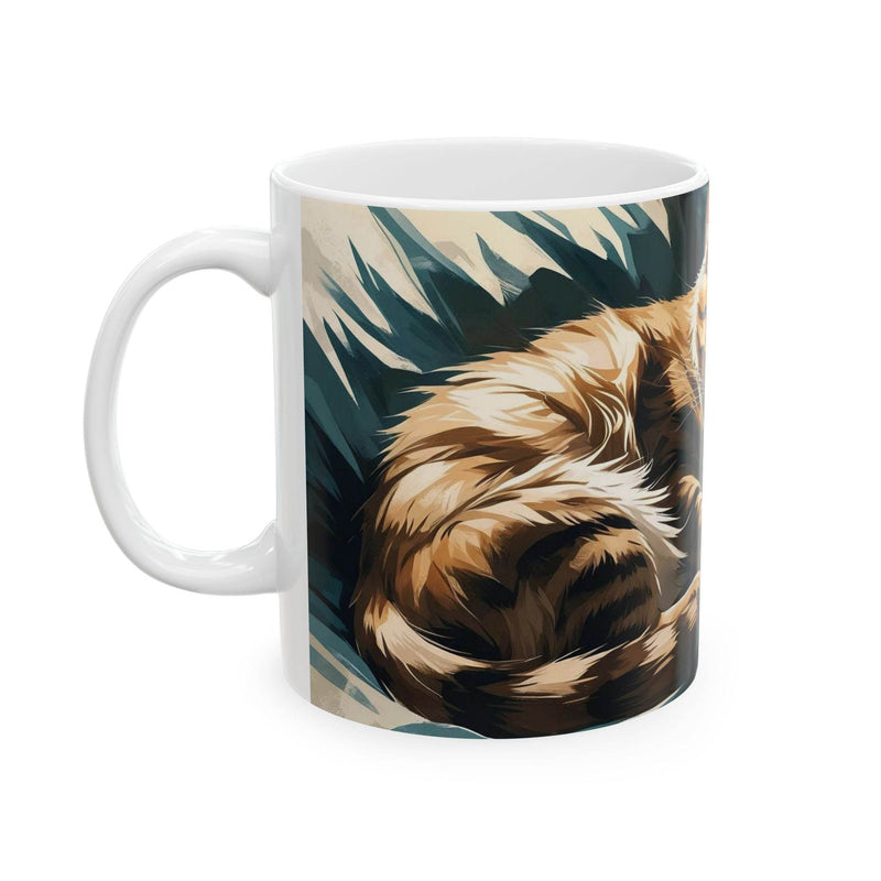 Cozy lifestyle view of a 11oz Mug Sleeping Cat and Dog near a bright room window during a relaxed coffee break.