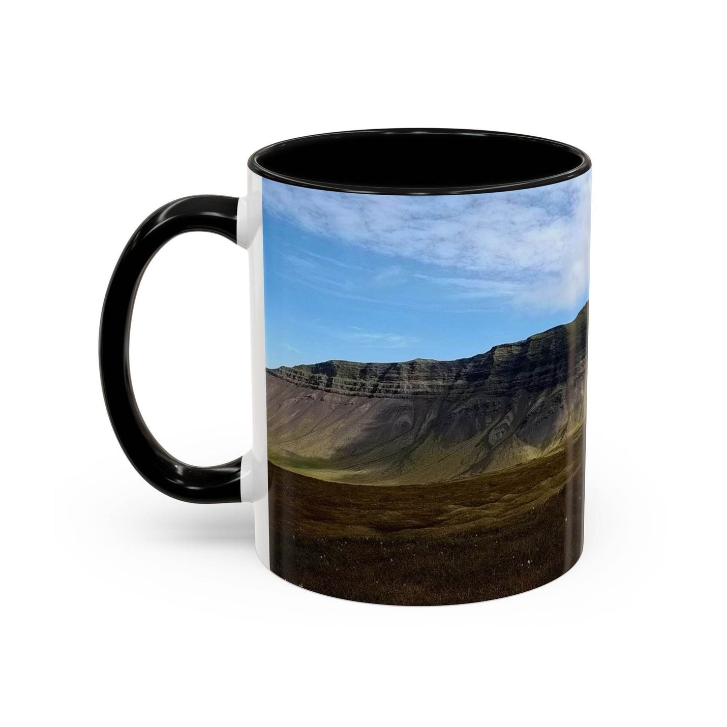 Ein perfektes Geschenk: 325 ml Islandlandschaft Kaffeebecher mit schwarzem Henkel und schwarzer Innenseite.