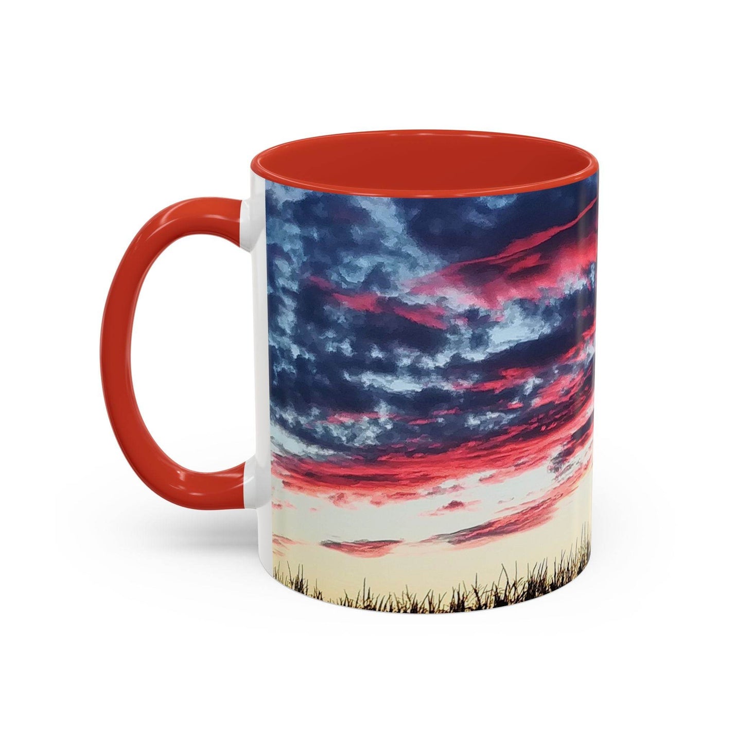 Cozy lifestyle view of 11oz Sunset Accent Coffee Mug styled with a red handle and red inside for autumn days.