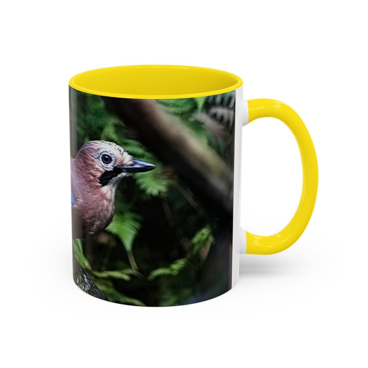Vibrant jay bird coffee mug 11oz featuring a yellow interior and handle.