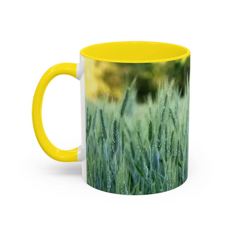 Nature inspired 11oz Mug - Wheat Field Design Coffee Mug with a yellow handle and yellow inside on a modern kitchen counter.