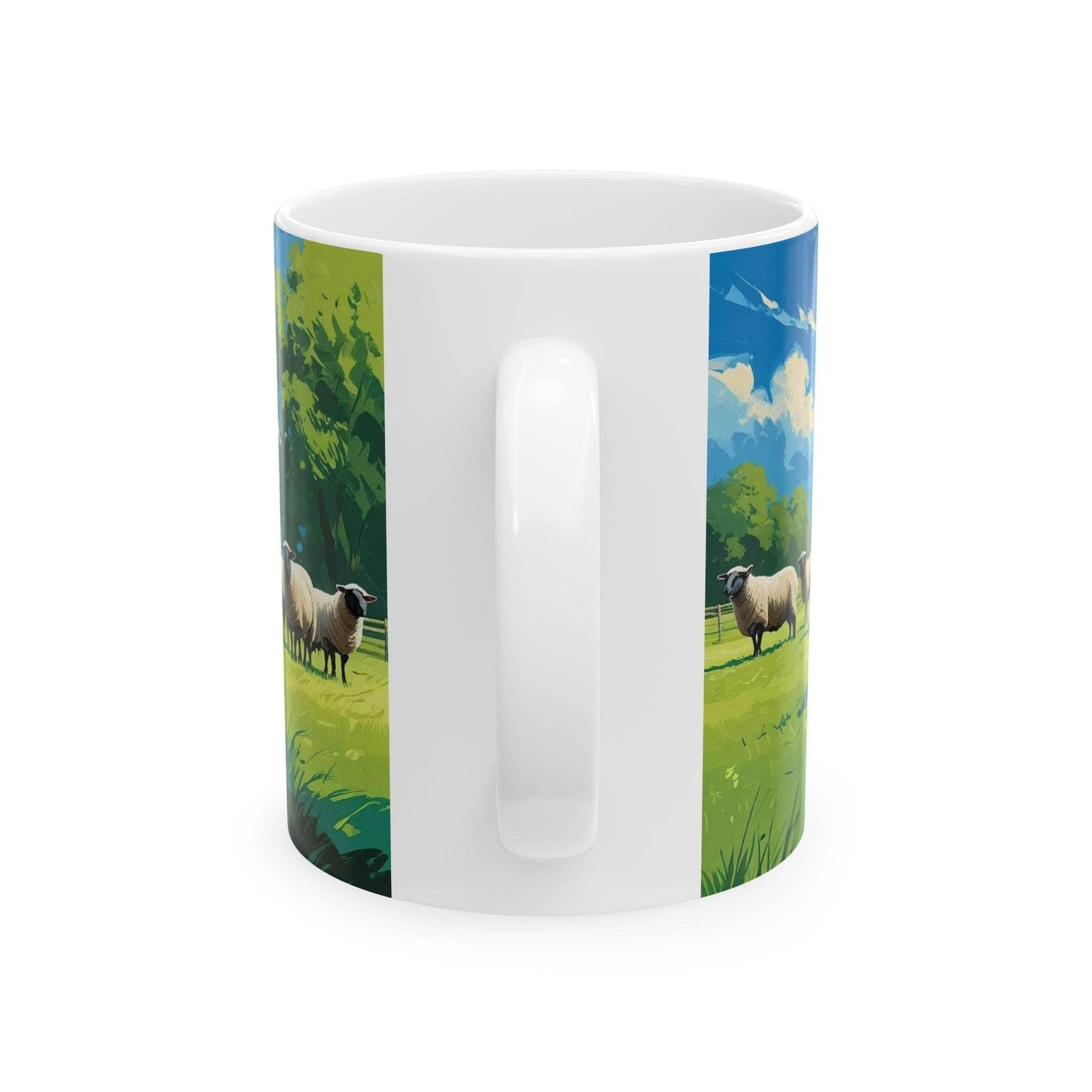 Cozy morning view of a 11oz Mug - Curious Sheep - Ceramic Coffee Mug near a sunlit window during a coffee break.