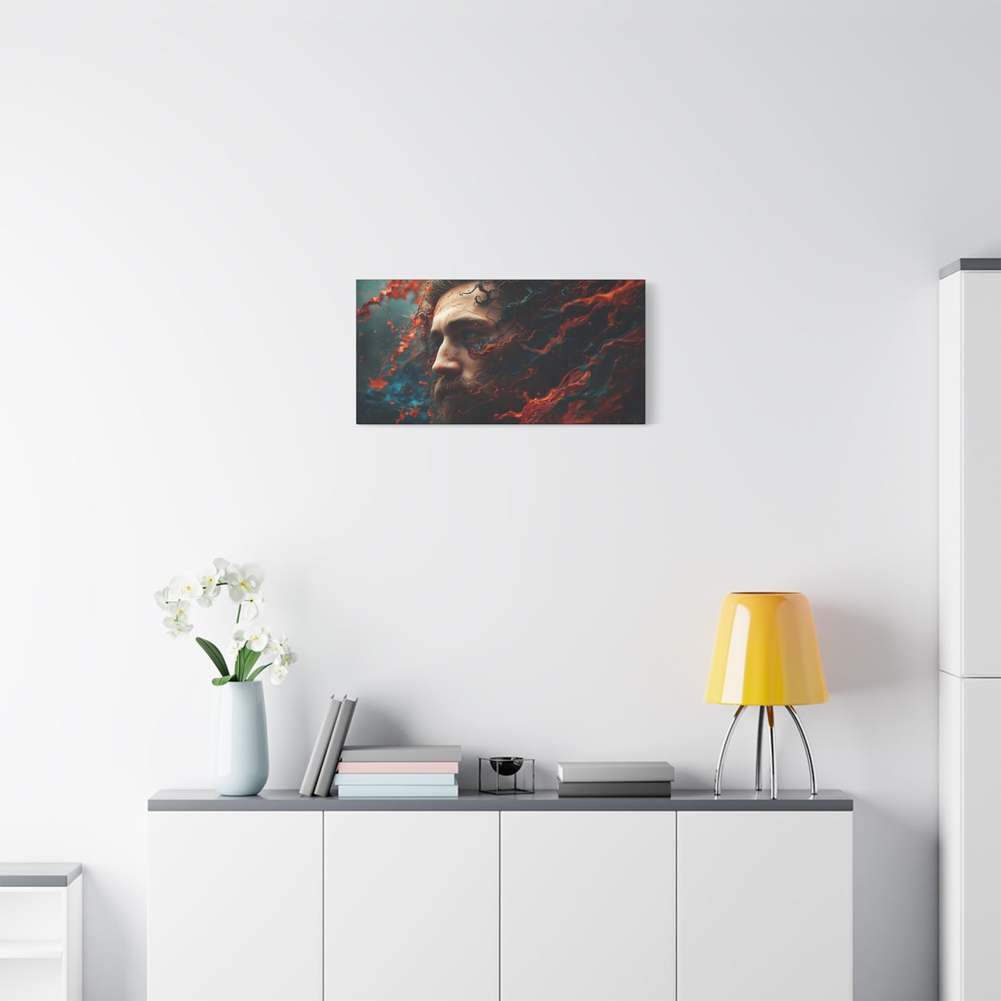 Cinematic ocean god canvas art, size 30″ x 15″ | 76.20 cm x 38.10 cm, Depth 1.25″ | 3.18 cm, featuring rich red and blue pigments.