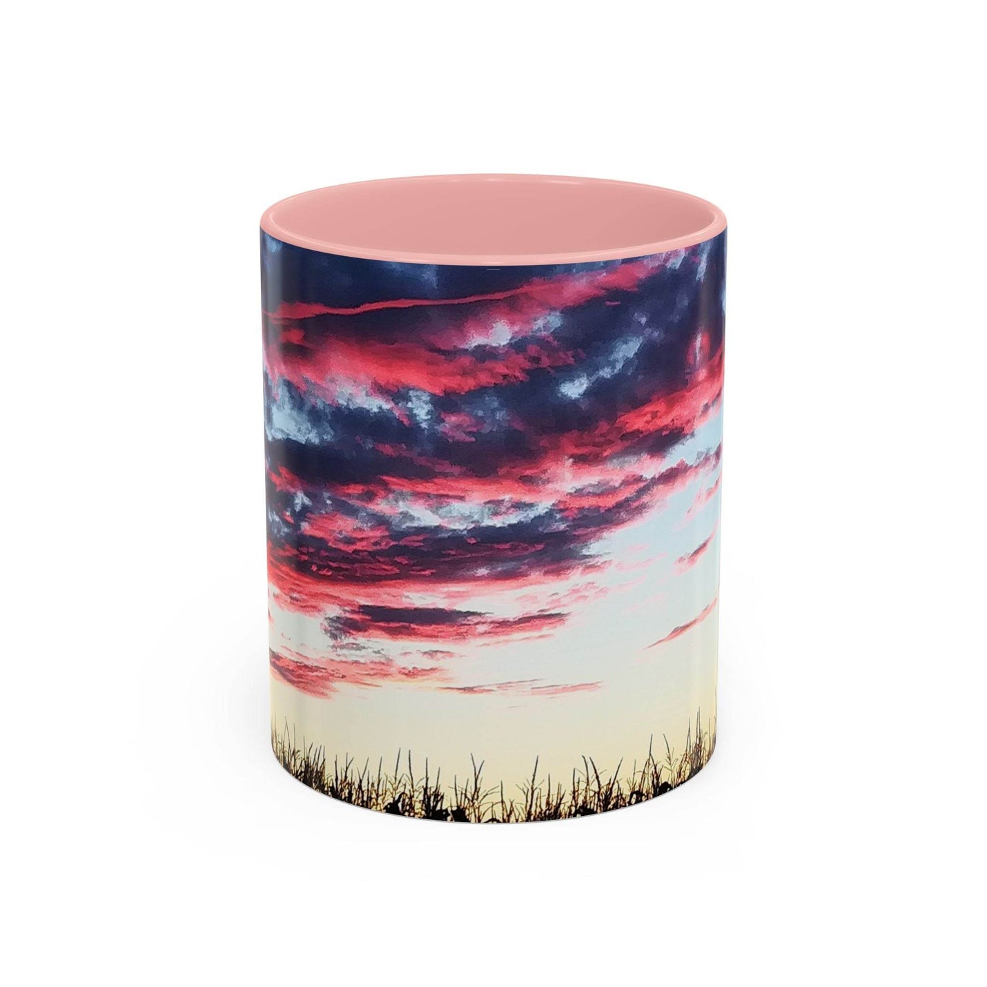 Künstlerischer 325ml Kaffeebecher mit Sonnenuntergangs-Akzent, gestaltet mit einem rosa Henkel und rosa Innenseite.