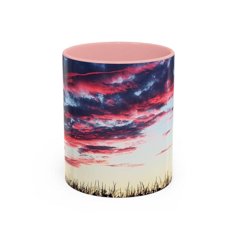 Künstlerischer 325ml Kaffeebecher mit Sonnenuntergangs-Akzent, gestaltet mit einem rosa Henkel und rosa Innenseite.