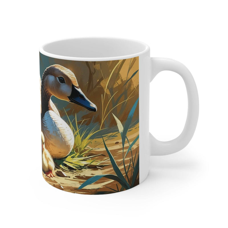 Glänzender weißer 325ml Becher aus Keramik mit einer kunstvollen Gänse Illustration.