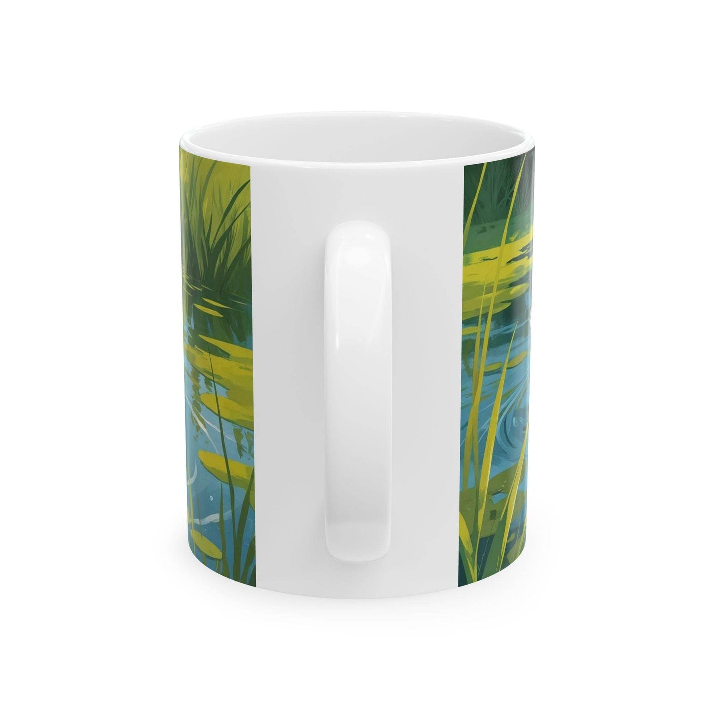 Nature-inspired 11oz ceramic mug decorated with an illustration of swimming ducks.