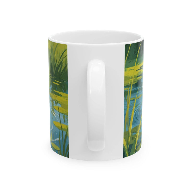 Nature-inspired 11oz ceramic mug decorated with an illustration of swimming ducks.