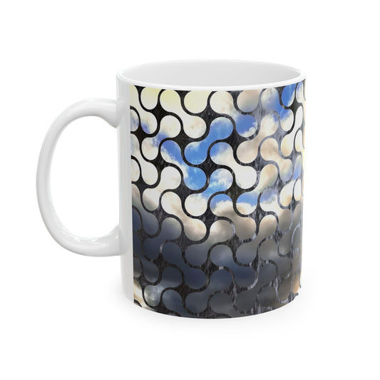 Abstract Mosaic Ceramic Coffee Mug – Blue & Neutral Pattern, 11oz/15oz