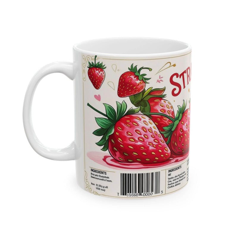 Vibrant 11oz ceramic Mug - Sweet Strawberry Jam Design Coffee Mug with a glossy strawberry print on a modern wooden kitchen counter.