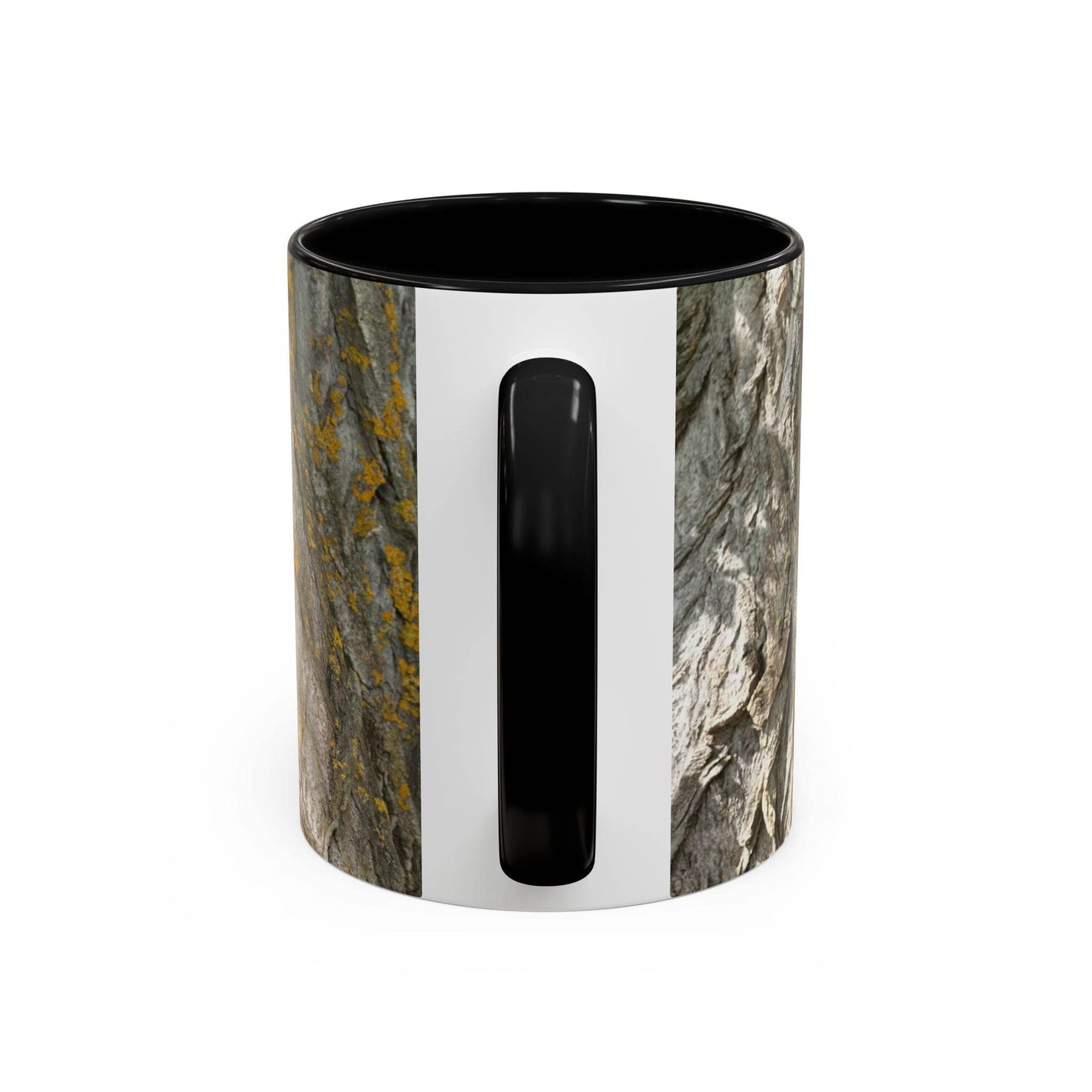 Earthy 11oz Coffee Mug - Tree Trunk Design held in hands, showcasing its black handle and black inside.