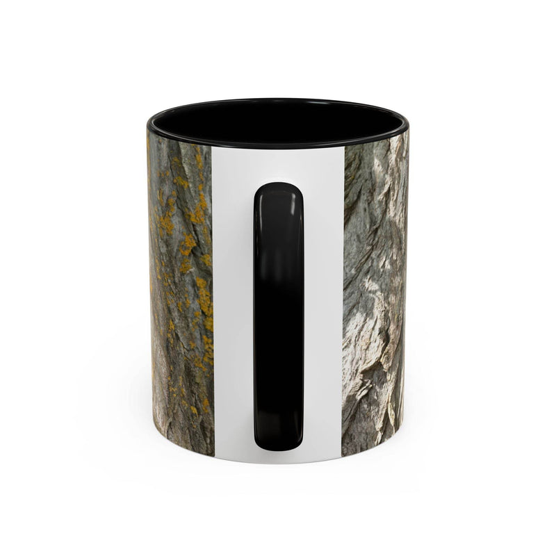 Earthy 11oz Coffee Mug - Tree Trunk Design held in hands, showcasing its black handle and black inside.