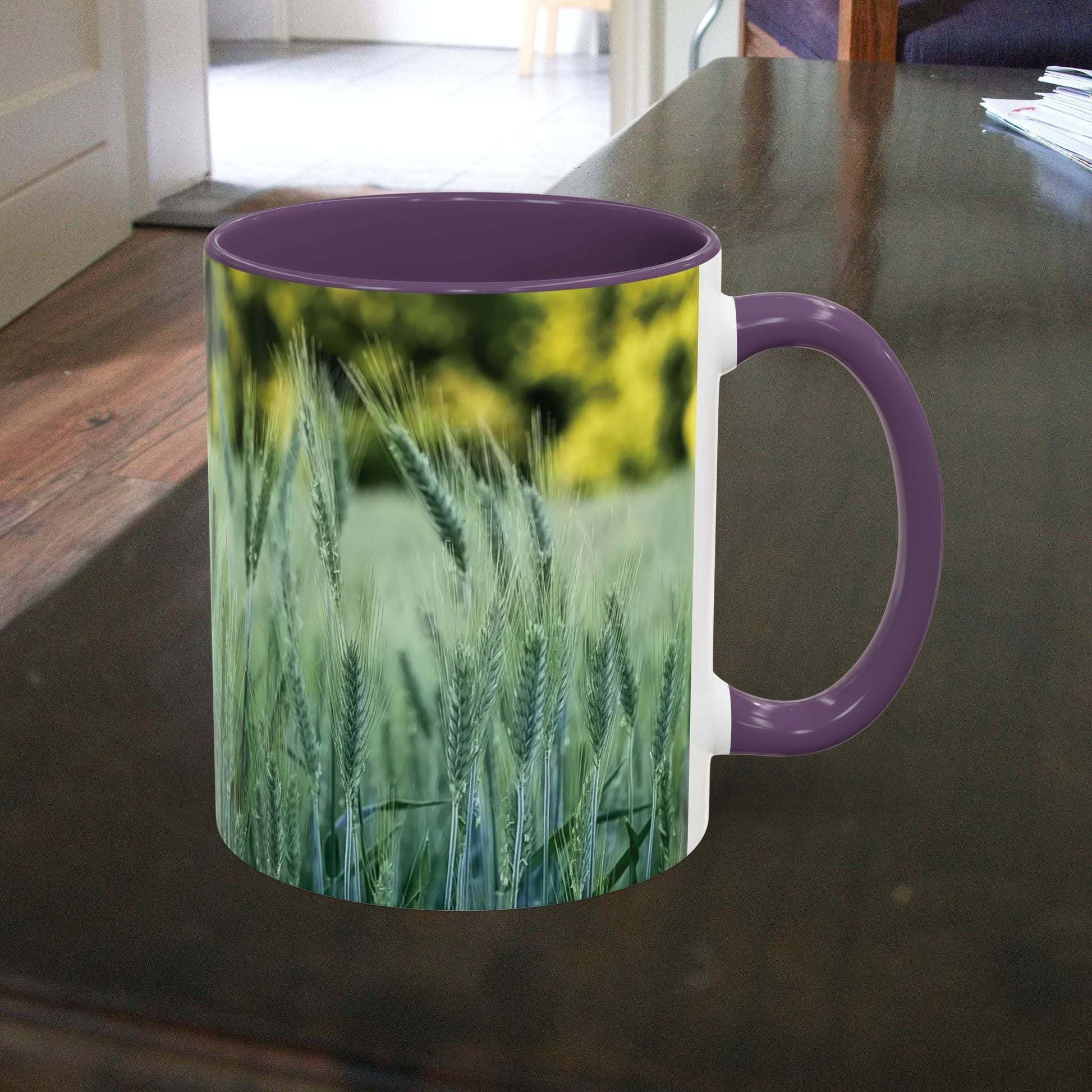 Wheat field design coffee mug with serene nature theme, ideal for morning beverages and gifting occasions.