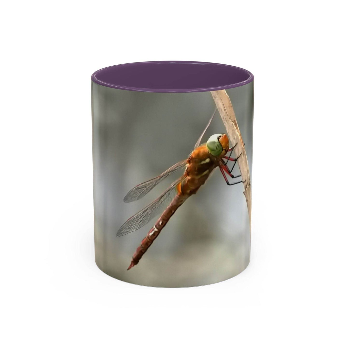 Pretty dragonfly accent coffee mug in 325ml size, designed with a purple handle and purple inside to add a stylish pop of personality.