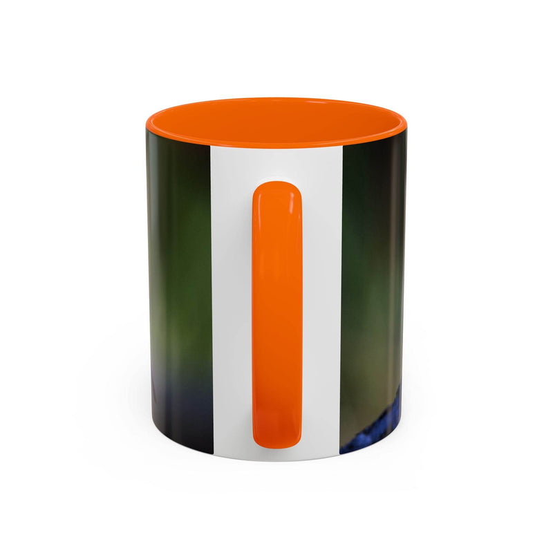 Robin bird themed 11oz coffee mug with a stylish orange handle and solid orange inside, ideal nature gift.