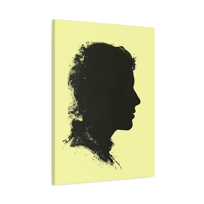 Silhouette Portrait Canvas Print — Vintage Black Profile on Soft Yellow Matte
