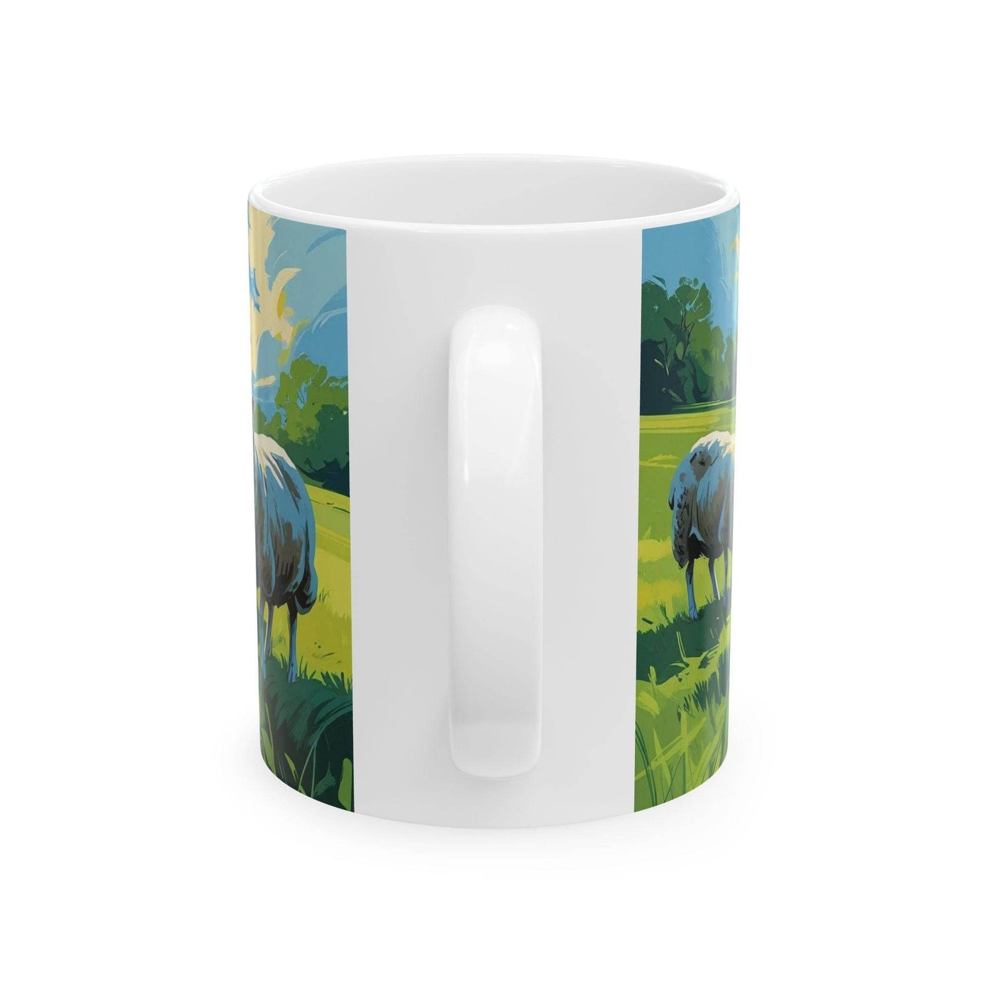 Cozy lifestyle view of a 11oz Mug - Grazing Sheep Coffee Mug near a bright window during a relaxed coffee break.