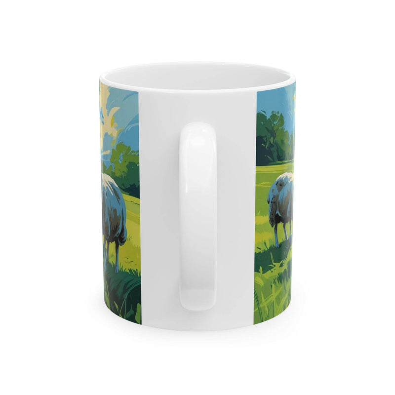 Cozy lifestyle view of a 11oz Mug - Grazing Sheep Coffee Mug near a bright window during a relaxed coffee break.