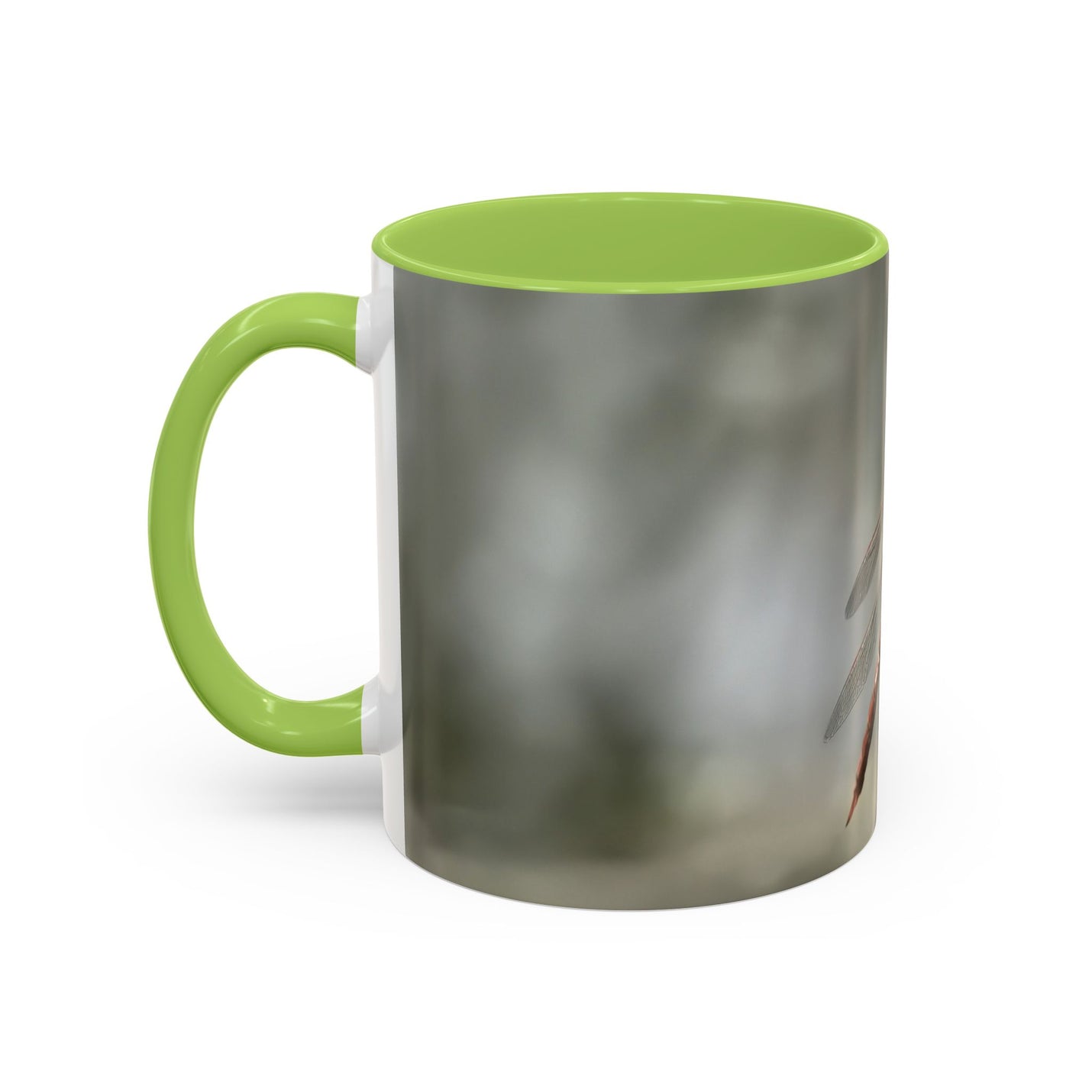 Glossy 325ml dragonfly coffee cup printed with high-quality ink, finished with a fresh light green handle and solid light green inside.