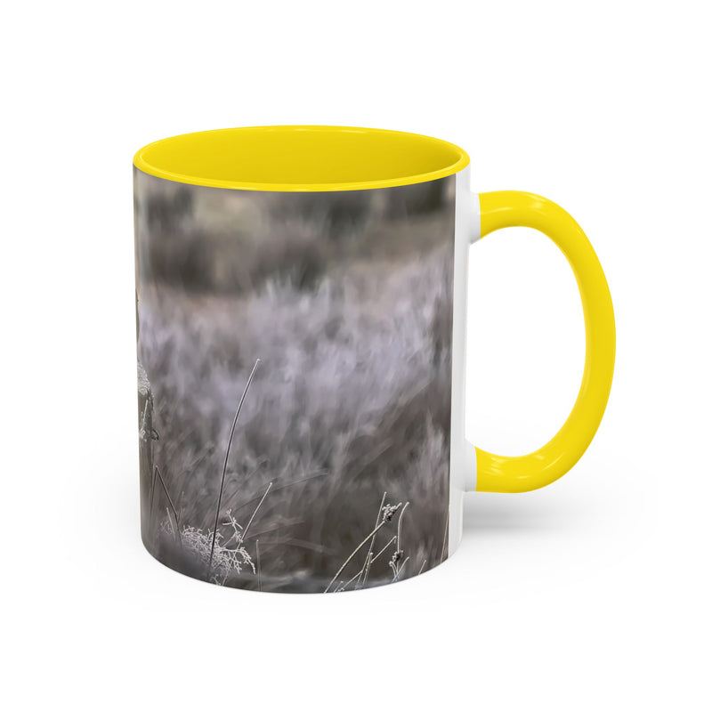 Robin nature print on an 11oz mug with a Yellow handle and interior.