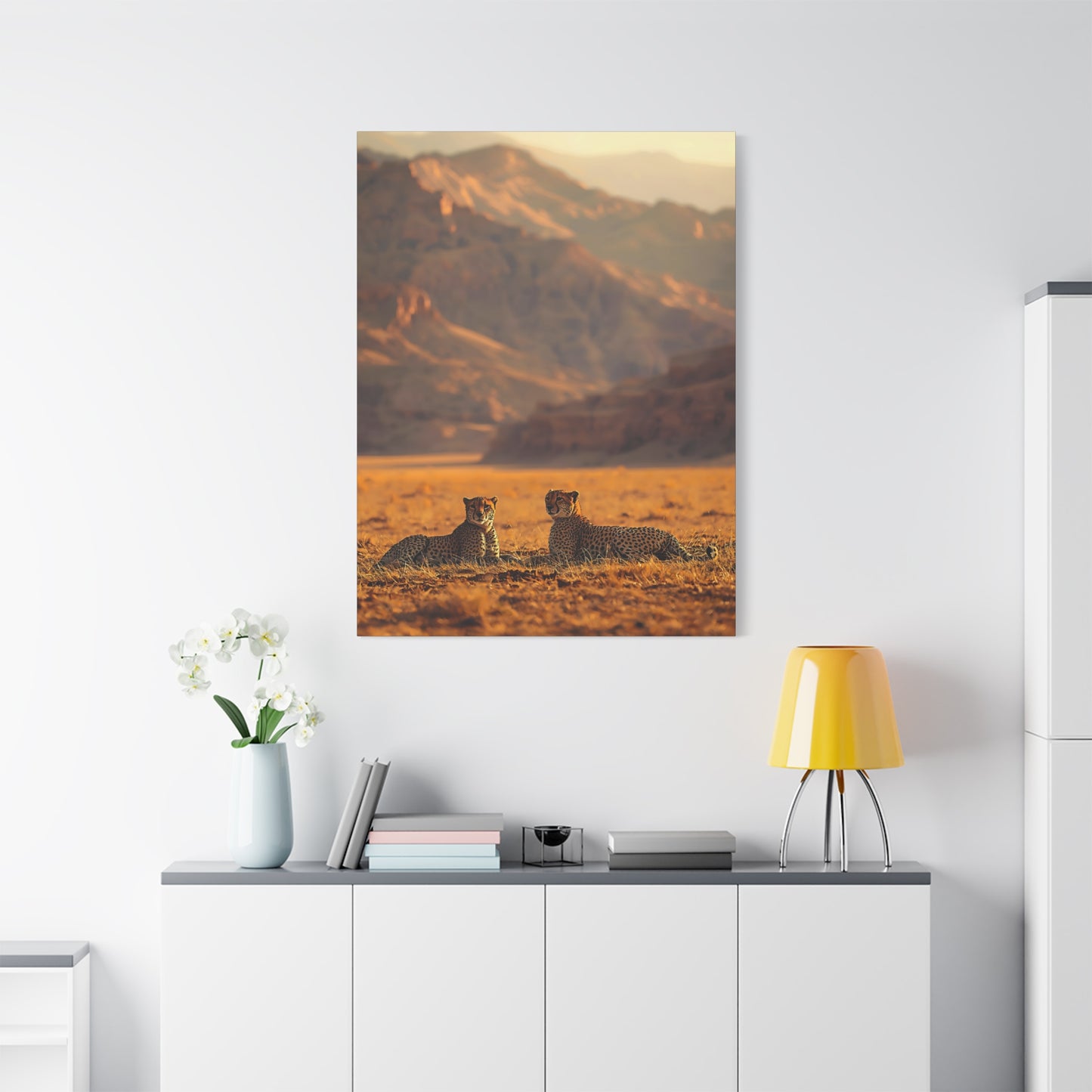 Cheetah Pair Desert Landscape Matte Canvas Print
