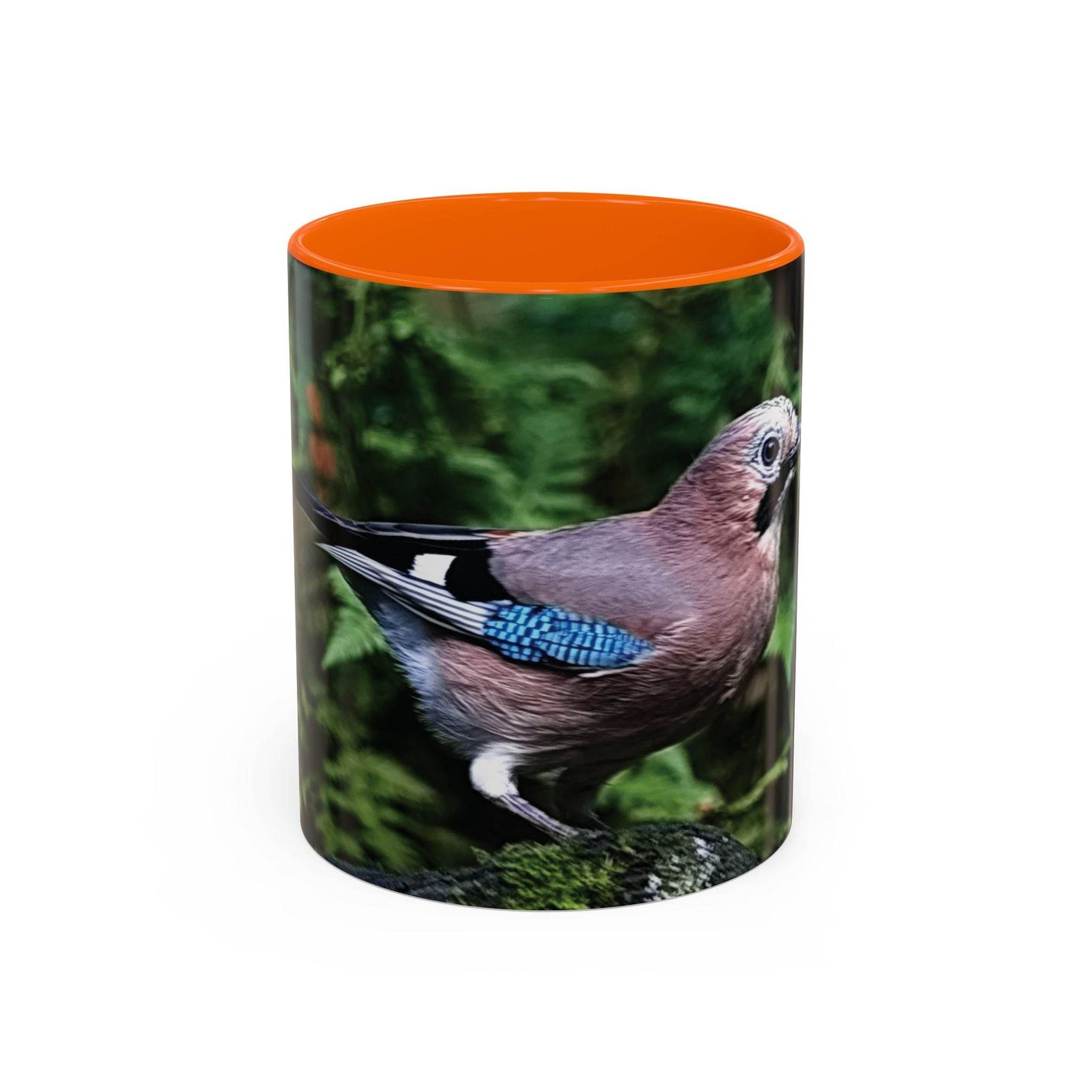 325ml bunter Eichelhäher Becher mit orangem Henkel und oranger Innenseite.