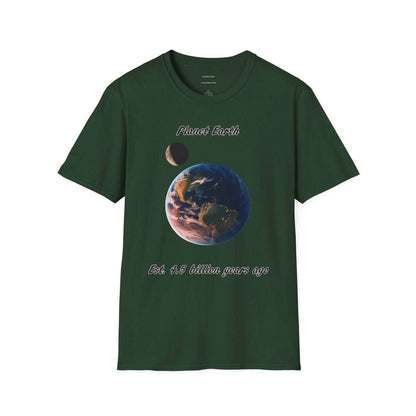 Eco-friendly Planet Earth Graphic T-Shirt for nature lovers, featuring Earth Day design on dark green fabric.