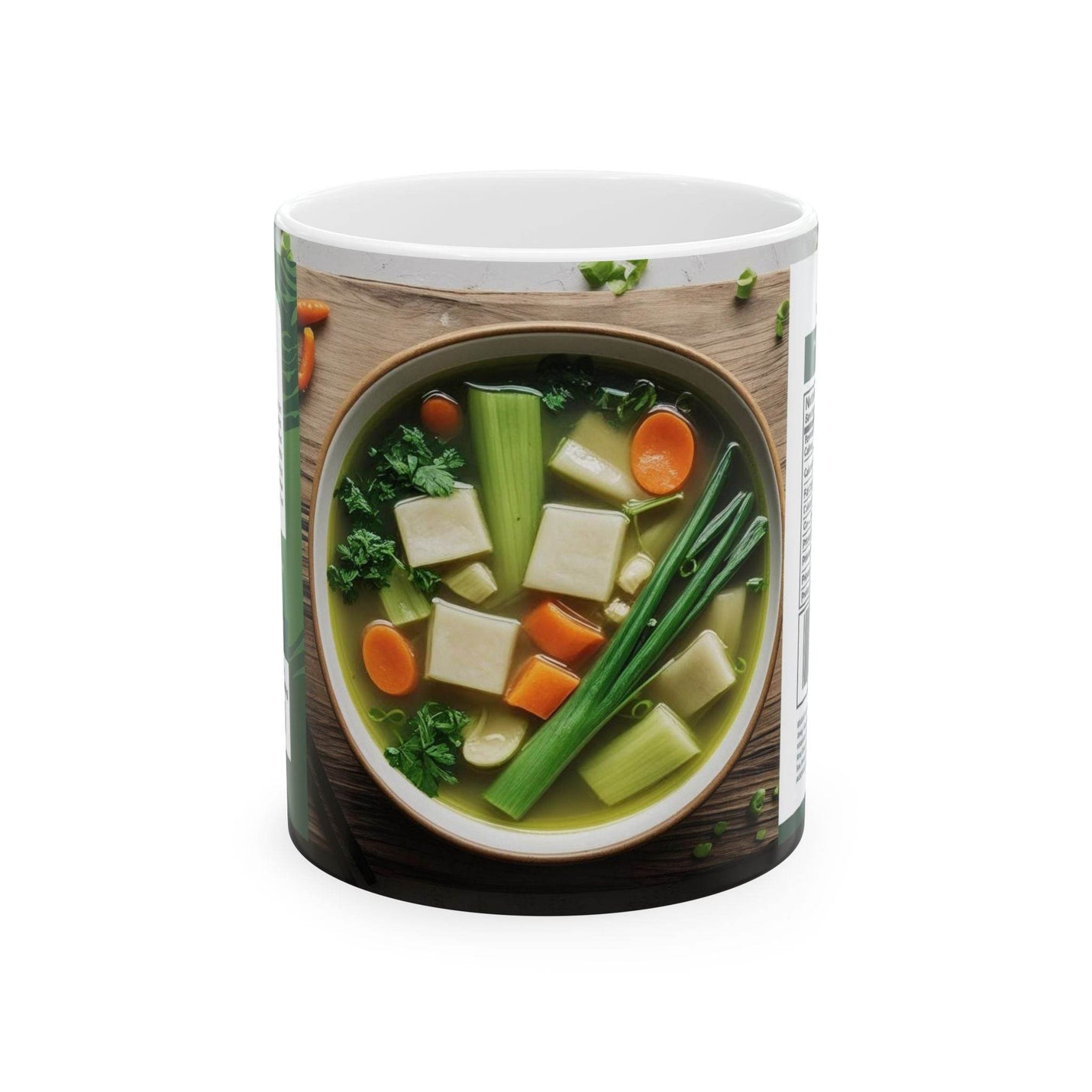 Quirky 11oz Mug Chinese Vegetable Soup Design standing beautifully right next to fresh green indoor plants.