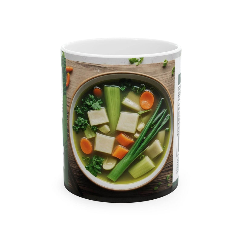Quirky 11oz Mug Chinese Vegetable Soup Design standing beautifully right next to fresh green indoor plants.