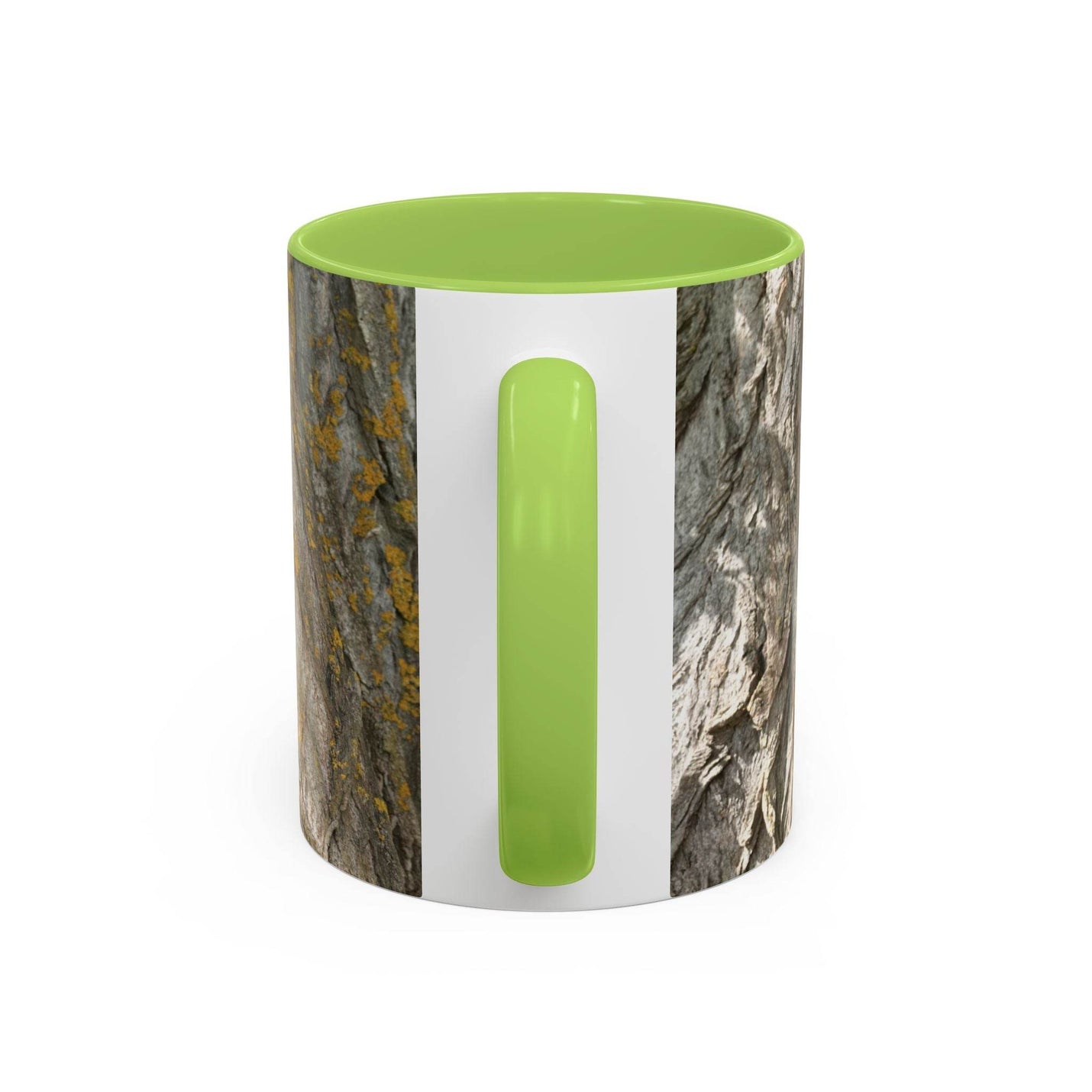 325ml Becher für Naturbegeisterte mit einem urigen Baumstamm-Design sowie einem hellgrünen Henkel und hellgrüner Innenseite.