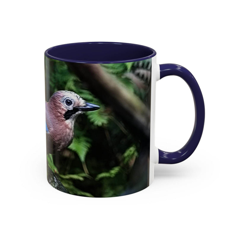 Vibrant jay bird coffee mug 11oz featuring a navy interior and handle.
