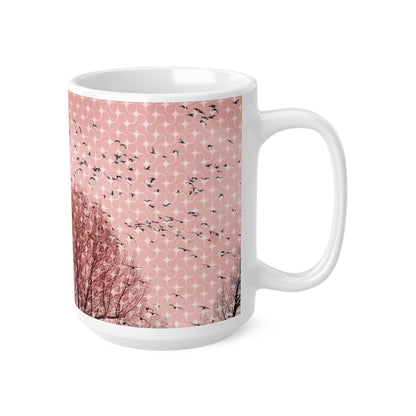 Birds at Dusk Ceramic Mug — Pink Tree Silhouette Coffee Mug