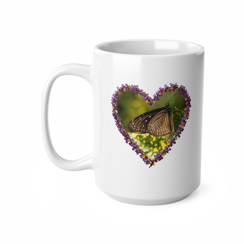 Large 440ml butterfly heart mug displaying a vibrant purple floral heart frame design on durable ceramic material.